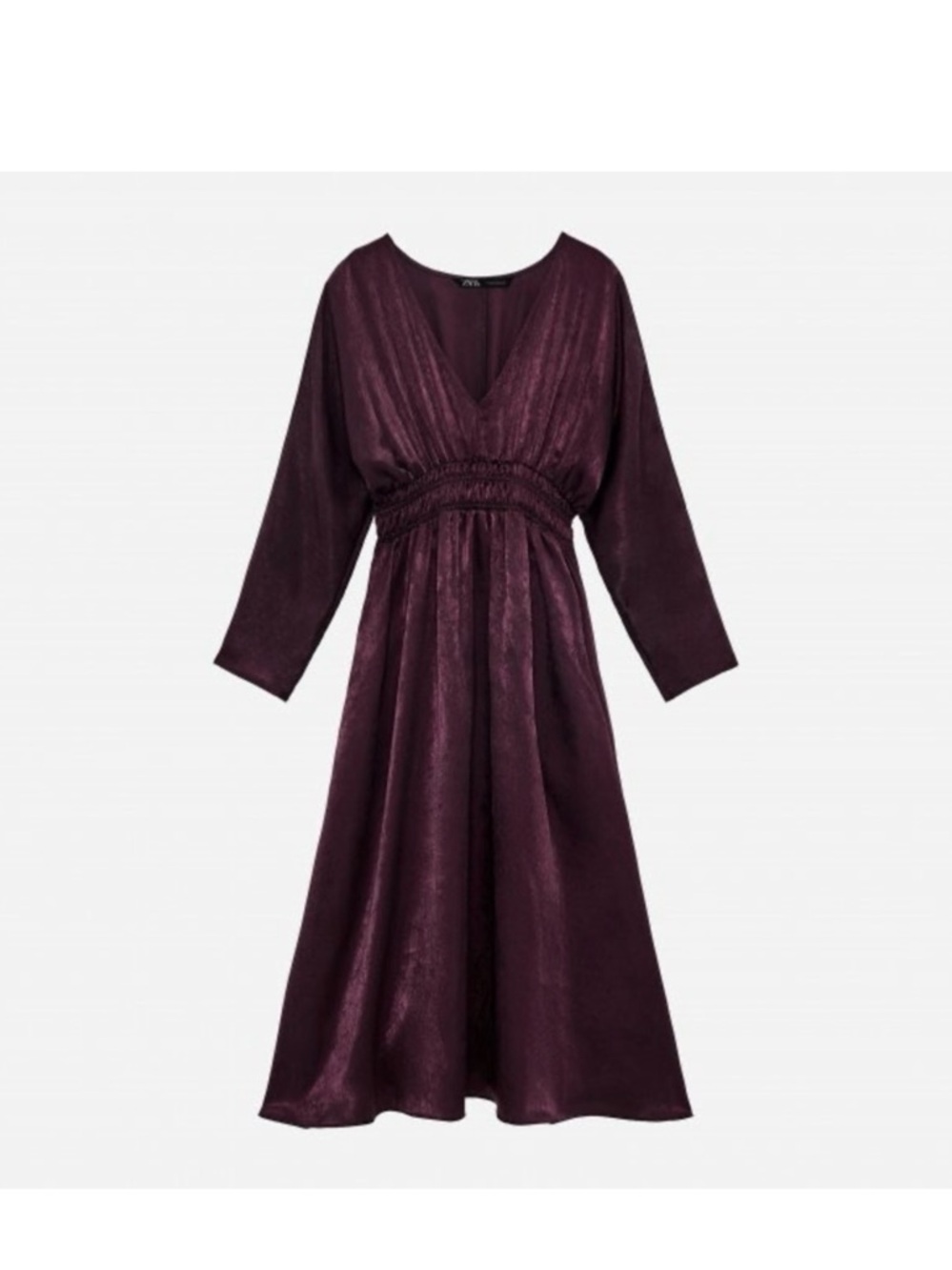Zara Eggplant Purple Satin Effect Batwing Sleeve Midi Dress